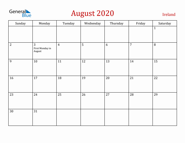 Ireland August 2020 Calendar - Sunday Start