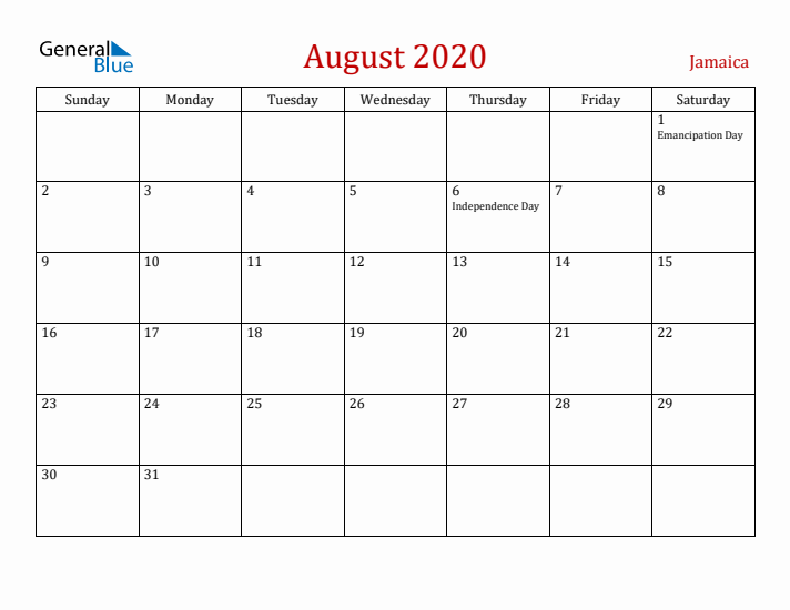 Jamaica August 2020 Calendar - Sunday Start