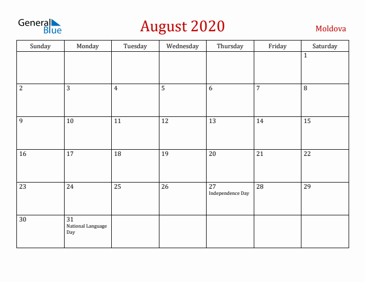 Moldova August 2020 Calendar - Sunday Start