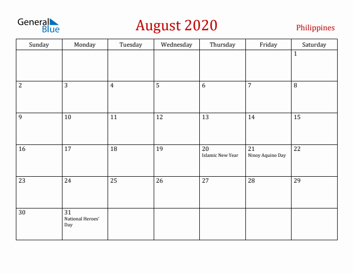 Philippines August 2020 Calendar - Sunday Start