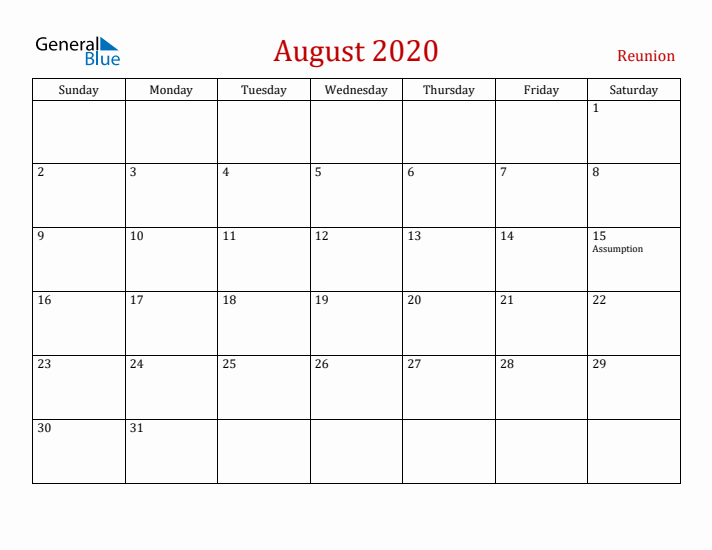 Reunion August 2020 Calendar - Sunday Start