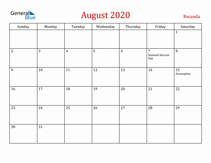 Rwanda August 2020 Calendar - Sunday Start