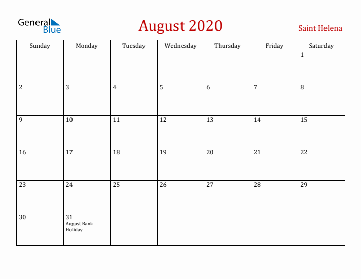 Saint Helena August 2020 Calendar - Sunday Start