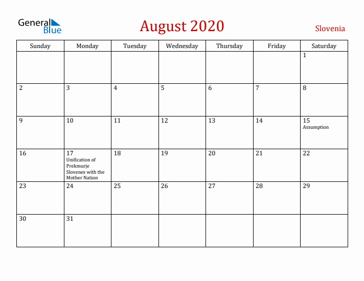 Slovenia August 2020 Calendar - Sunday Start