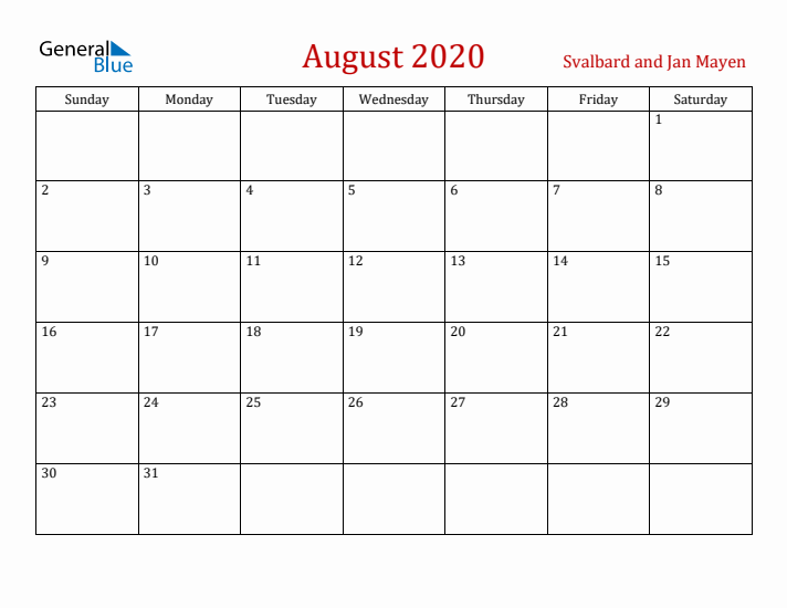 Svalbard and Jan Mayen August 2020 Calendar - Sunday Start