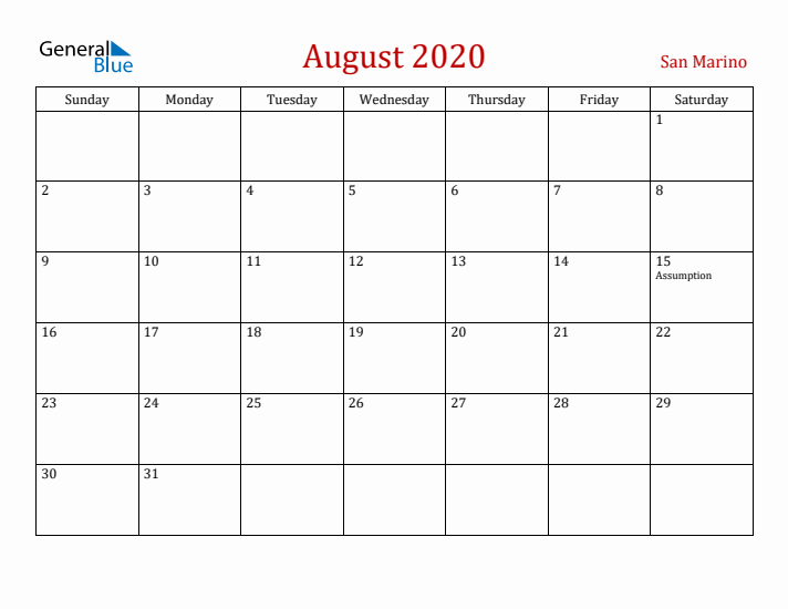 San Marino August 2020 Calendar - Sunday Start