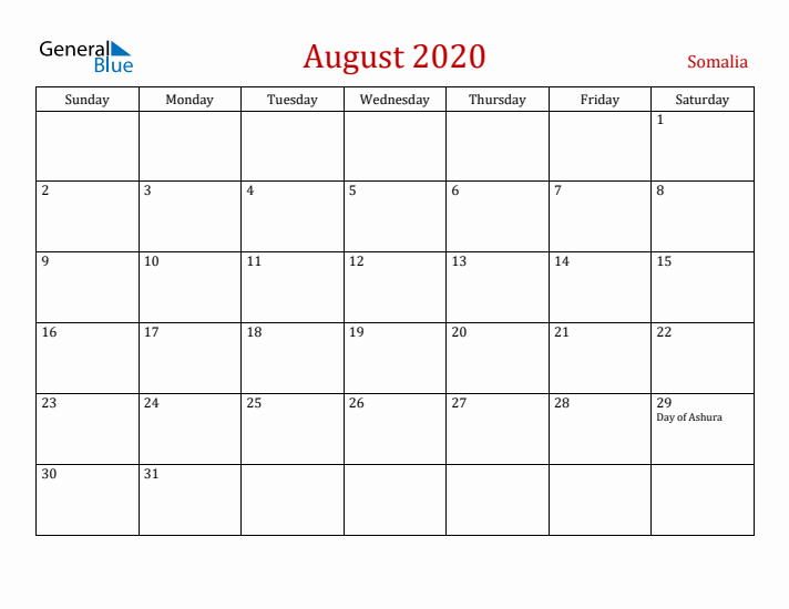 Somalia August 2020 Calendar - Sunday Start