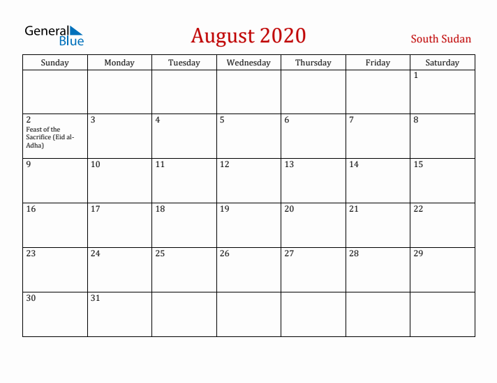 South Sudan August 2020 Calendar - Sunday Start