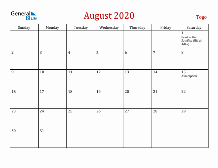 Togo August 2020 Calendar - Sunday Start