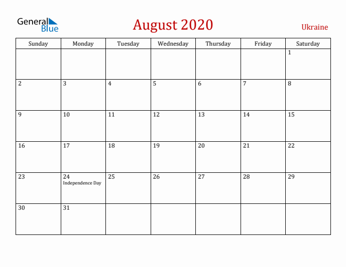 Ukraine August 2020 Calendar - Sunday Start