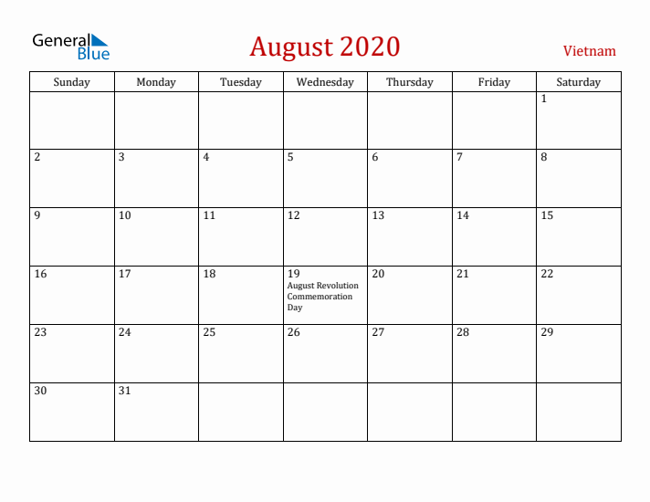 Vietnam August 2020 Calendar - Sunday Start