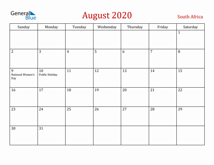 South Africa August 2020 Calendar - Sunday Start
