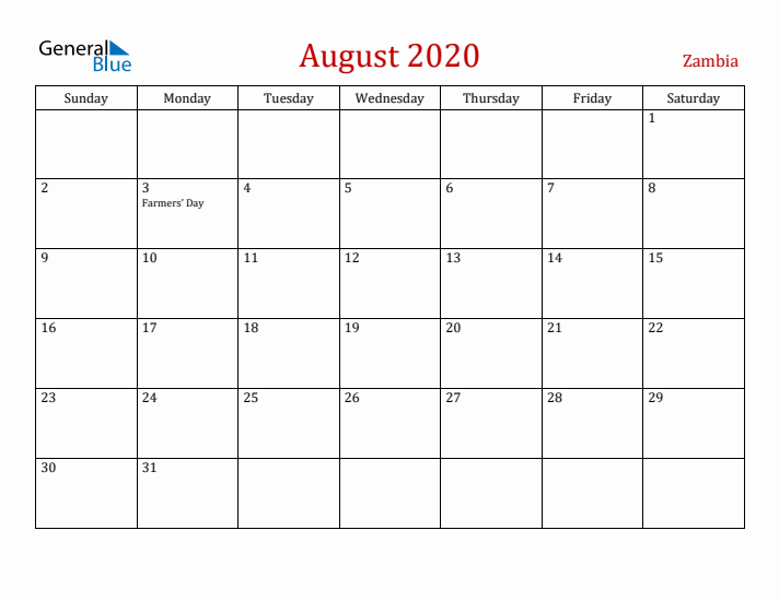 Zambia August 2020 Calendar - Sunday Start