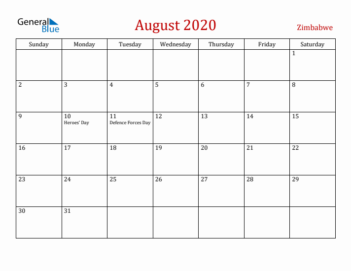 Zimbabwe August 2020 Calendar - Sunday Start