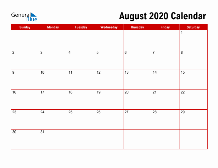 Simple Monthly Calendar - August 2020