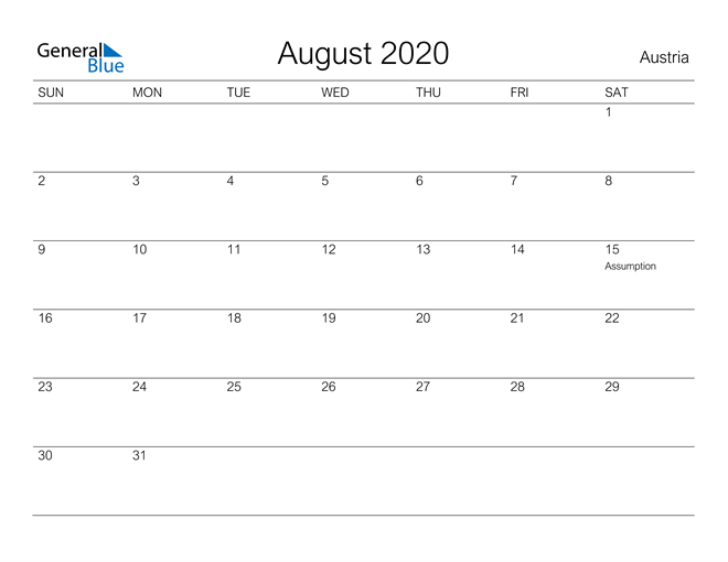 Printable August 2020 Calendar for Austria