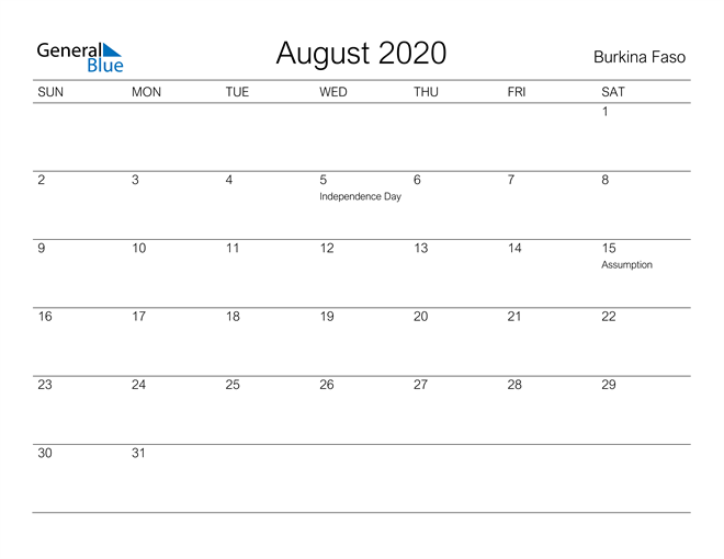 Printable August 2020 Calendar for Burkina Faso