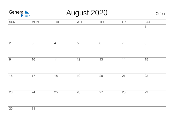 Printable August 2020 Calendar for Cuba