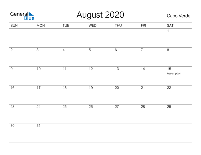 Printable August 2020 Calendar for Cabo Verde