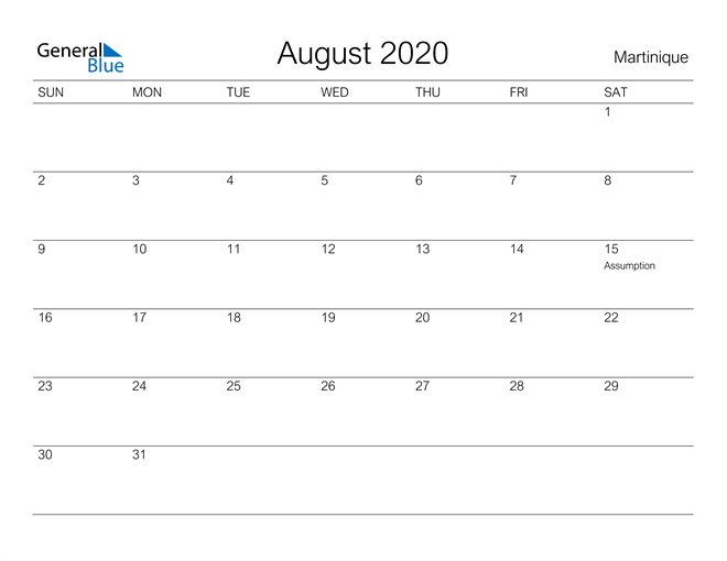 Printable August 2020 Calendar for Martinique
