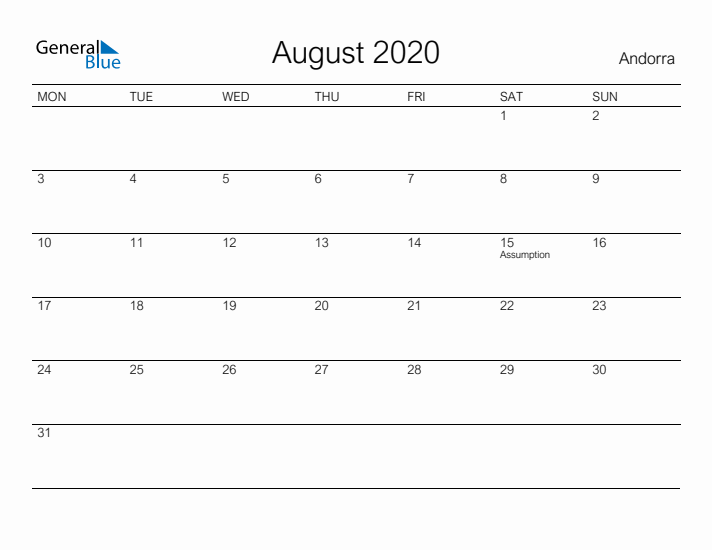 Printable August 2020 Calendar for Andorra