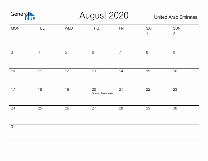 Printable August 2020 Calendar for United Arab Emirates