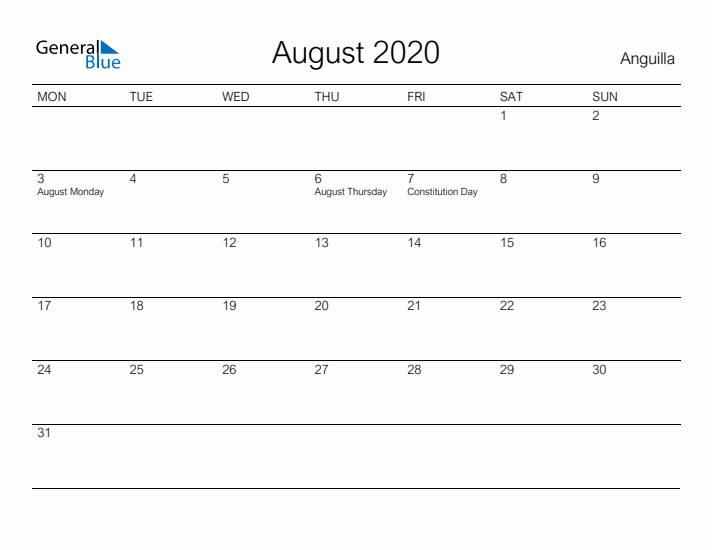 Printable August 2020 Calendar for Anguilla