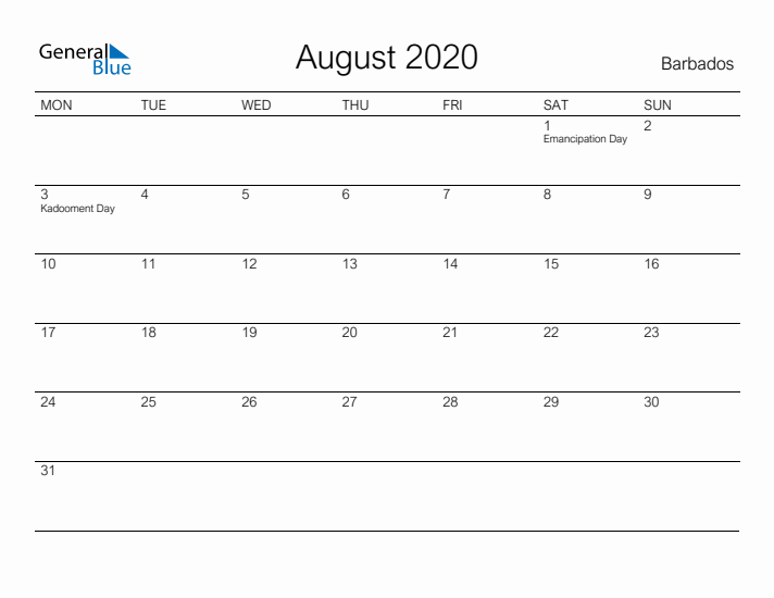 Printable August 2020 Calendar for Barbados