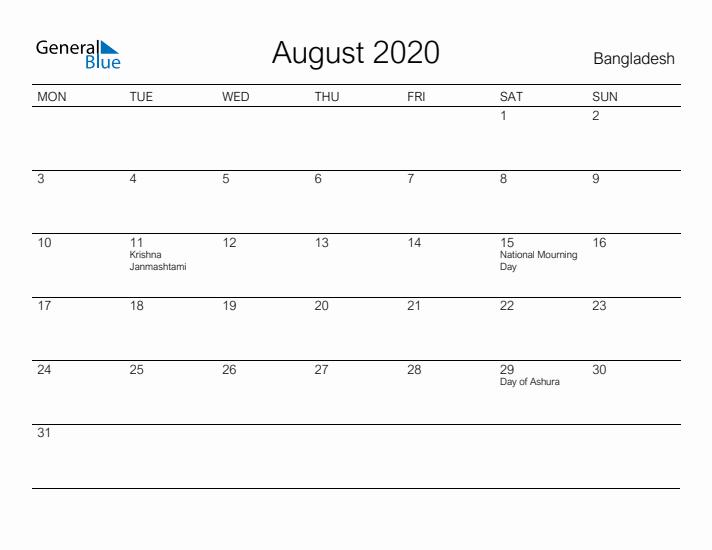 Printable August 2020 Calendar for Bangladesh