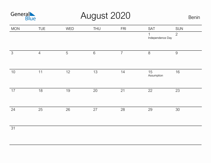 Printable August 2020 Calendar for Benin