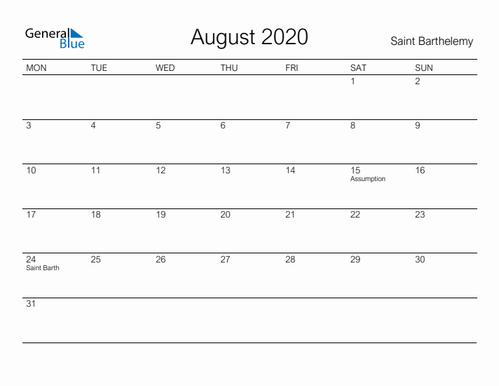Printable August 2020 Calendar for Saint Barthelemy