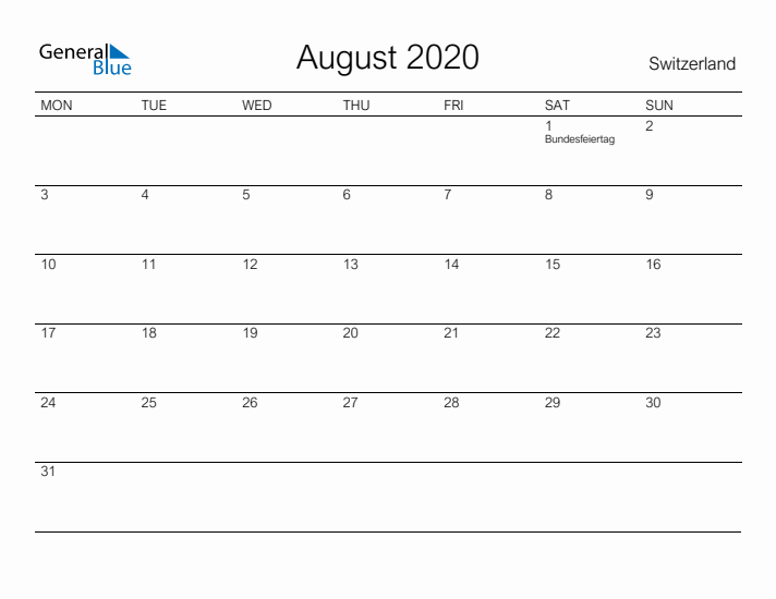 Printable August 2020 Calendar for Switzerland
