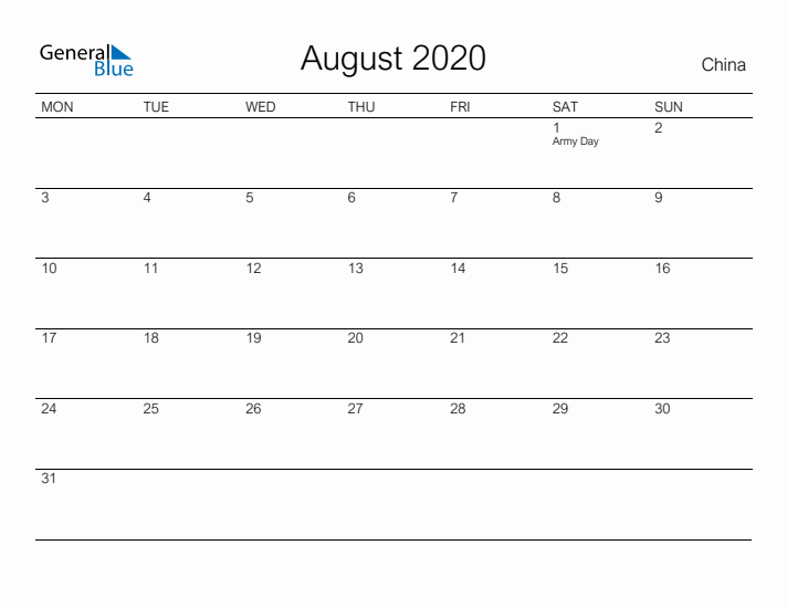 Printable August 2020 Calendar for China
