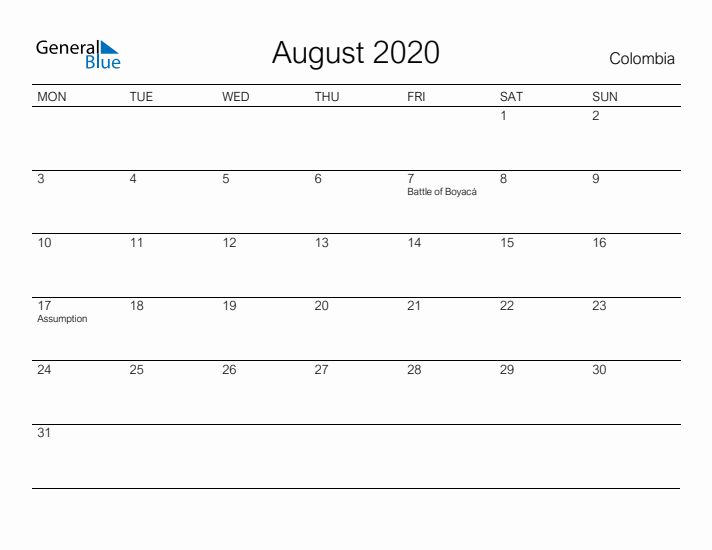 Printable August 2020 Calendar for Colombia