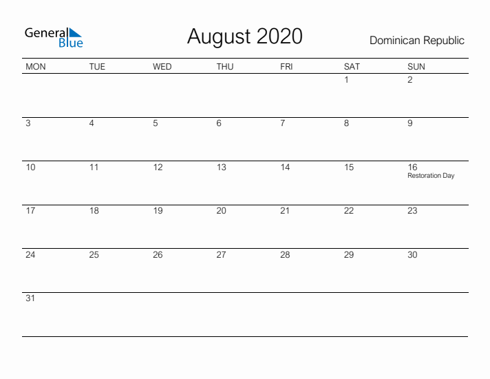 Printable August 2020 Calendar for Dominican Republic