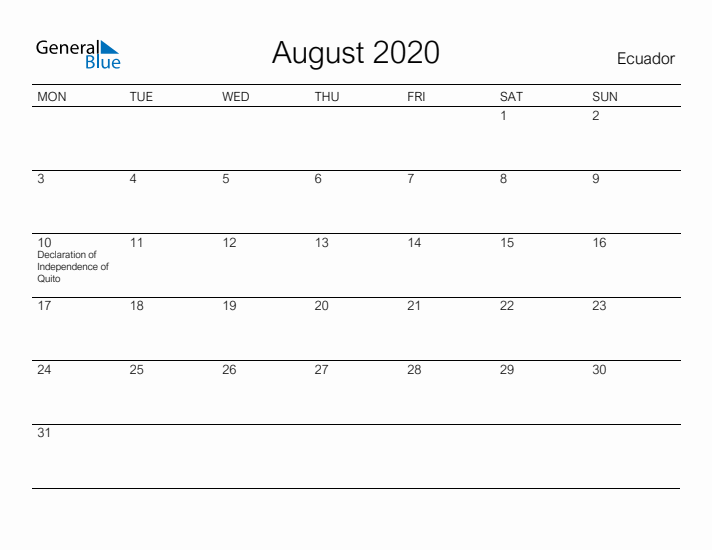 Printable August 2020 Calendar for Ecuador