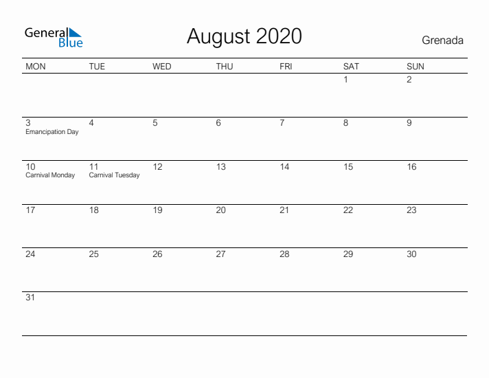 Printable August 2020 Calendar for Grenada