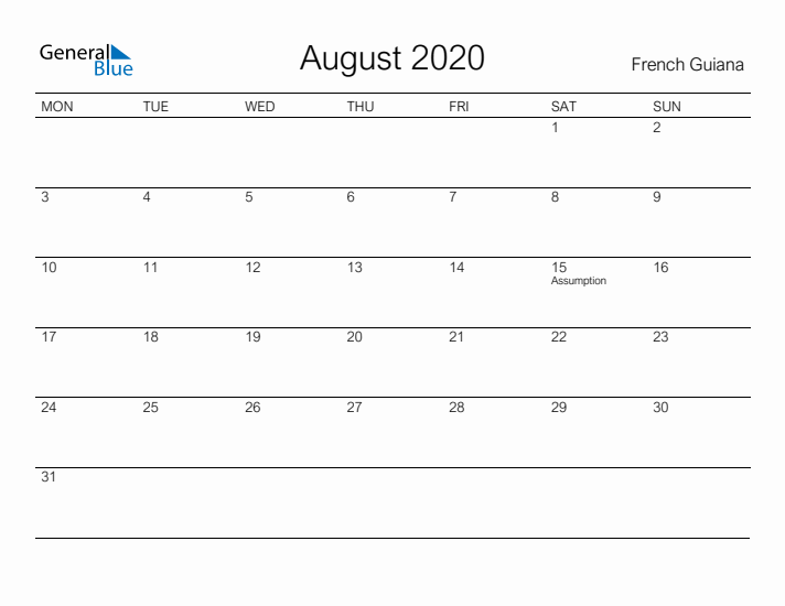 Printable August 2020 Calendar for French Guiana
