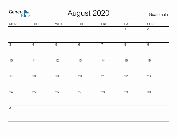 Printable August 2020 Calendar for Guatemala
