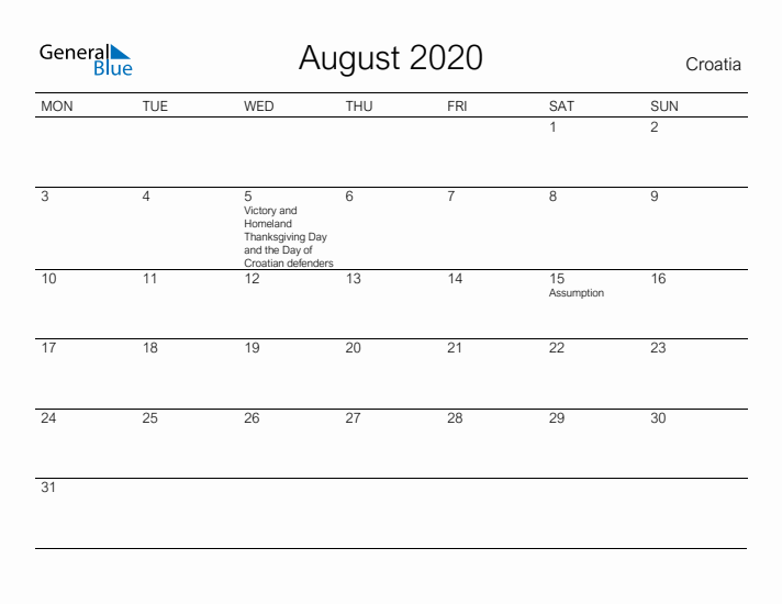 Printable August 2020 Calendar for Croatia