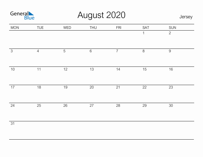 Printable August 2020 Calendar for Jersey