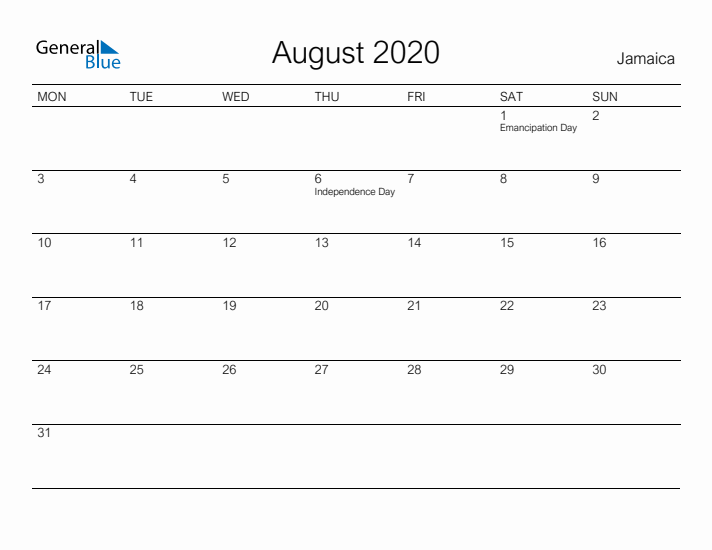 Printable August 2020 Calendar for Jamaica