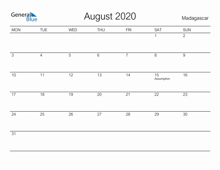 Printable August 2020 Calendar for Madagascar