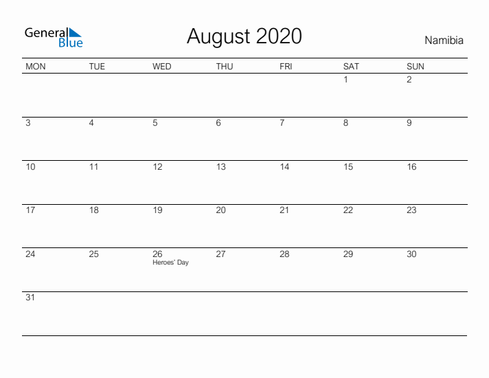 Printable August 2020 Calendar for Namibia