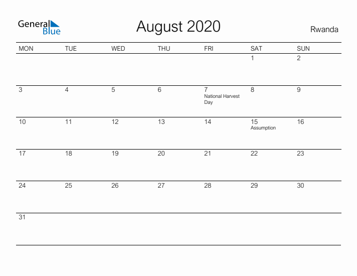 Printable August 2020 Calendar for Rwanda