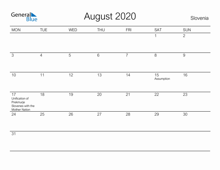 Printable August 2020 Calendar for Slovenia