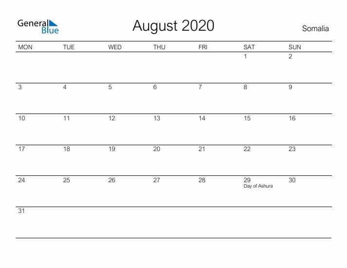 Printable August 2020 Calendar for Somalia
