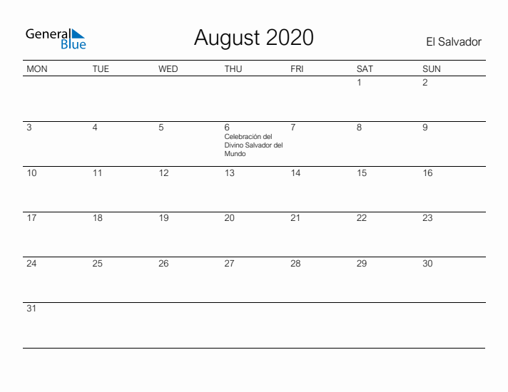 Printable August 2020 Calendar for El Salvador