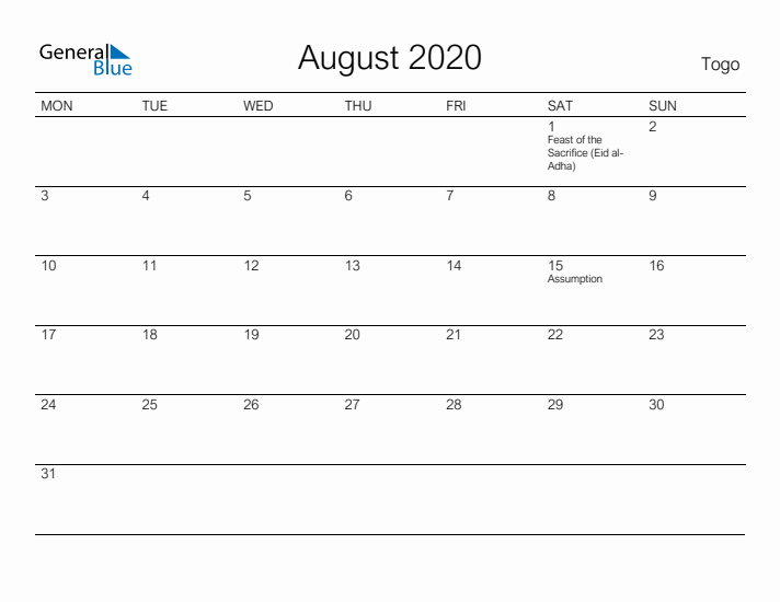 Printable August 2020 Calendar for Togo