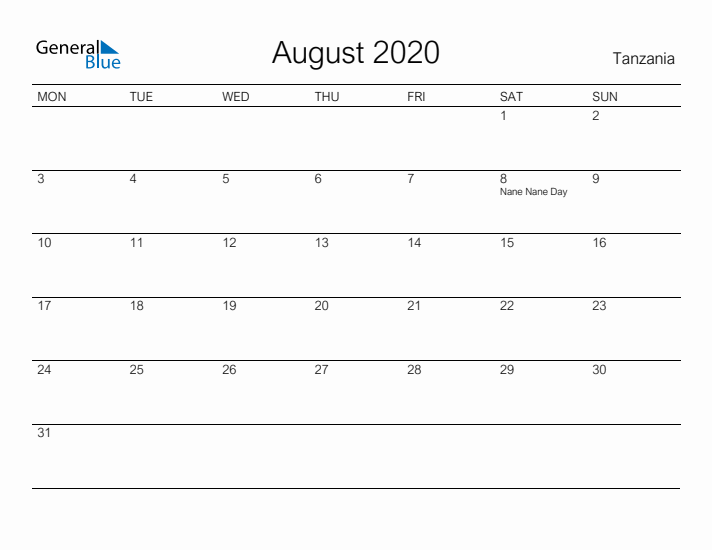 Printable August 2020 Calendar for Tanzania